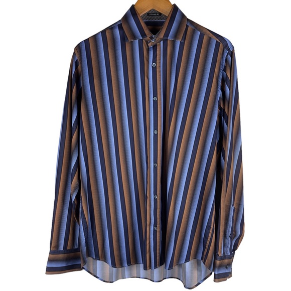 Bugatchi Electric Blue Striped 100% Cotton Long Sleeve Shirt NO Size Tag *LARGE* - Picture 2 of 13